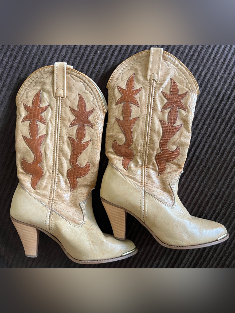 ACME Vintage Leather Cream and Brown Heeled Western Cowgirl Rodeo Boots 6.5 - Picture 6 of 8